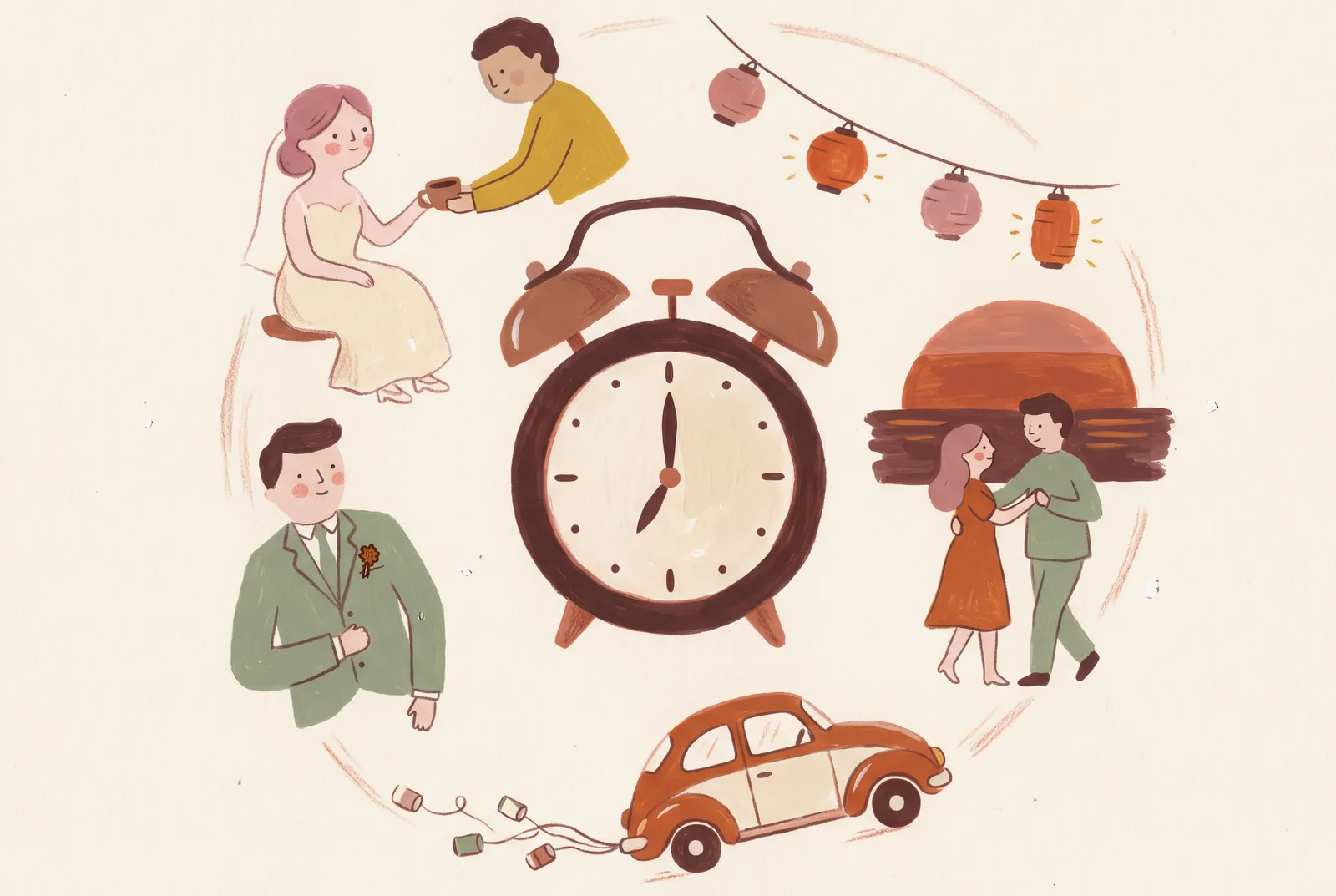 Ilustrace svatebního harmonogramu přišpendleného na korkové nástěnce vedle hodinek a kytice.