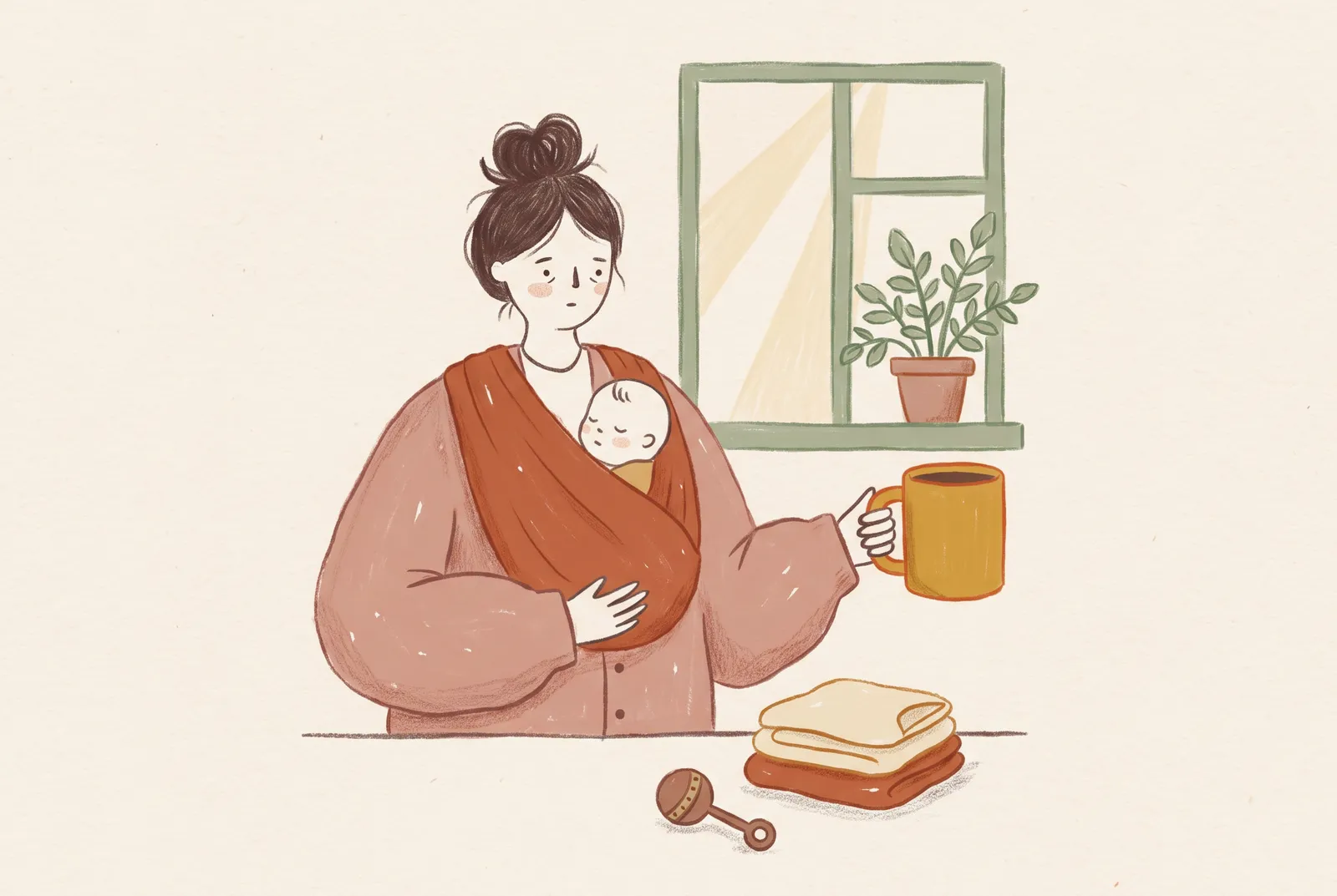 Ilustrace mámy s miminkem v náručí u okna, vedle ní vychladlý hrnek kávy a rozházené hračky.